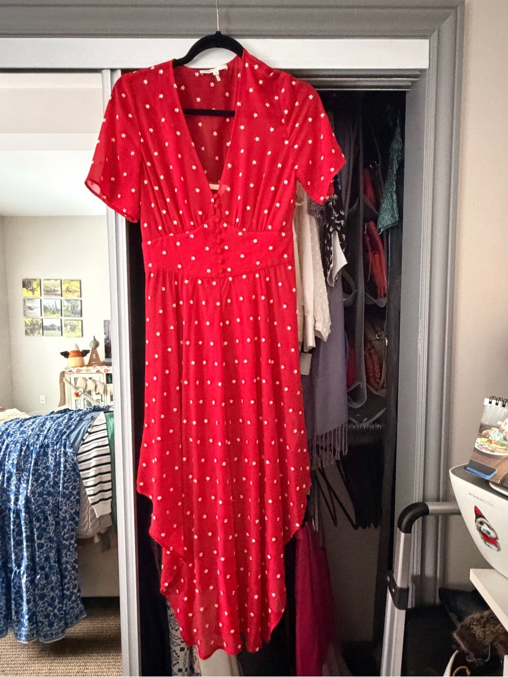 Maje Red Polka-Dot Midi Dress